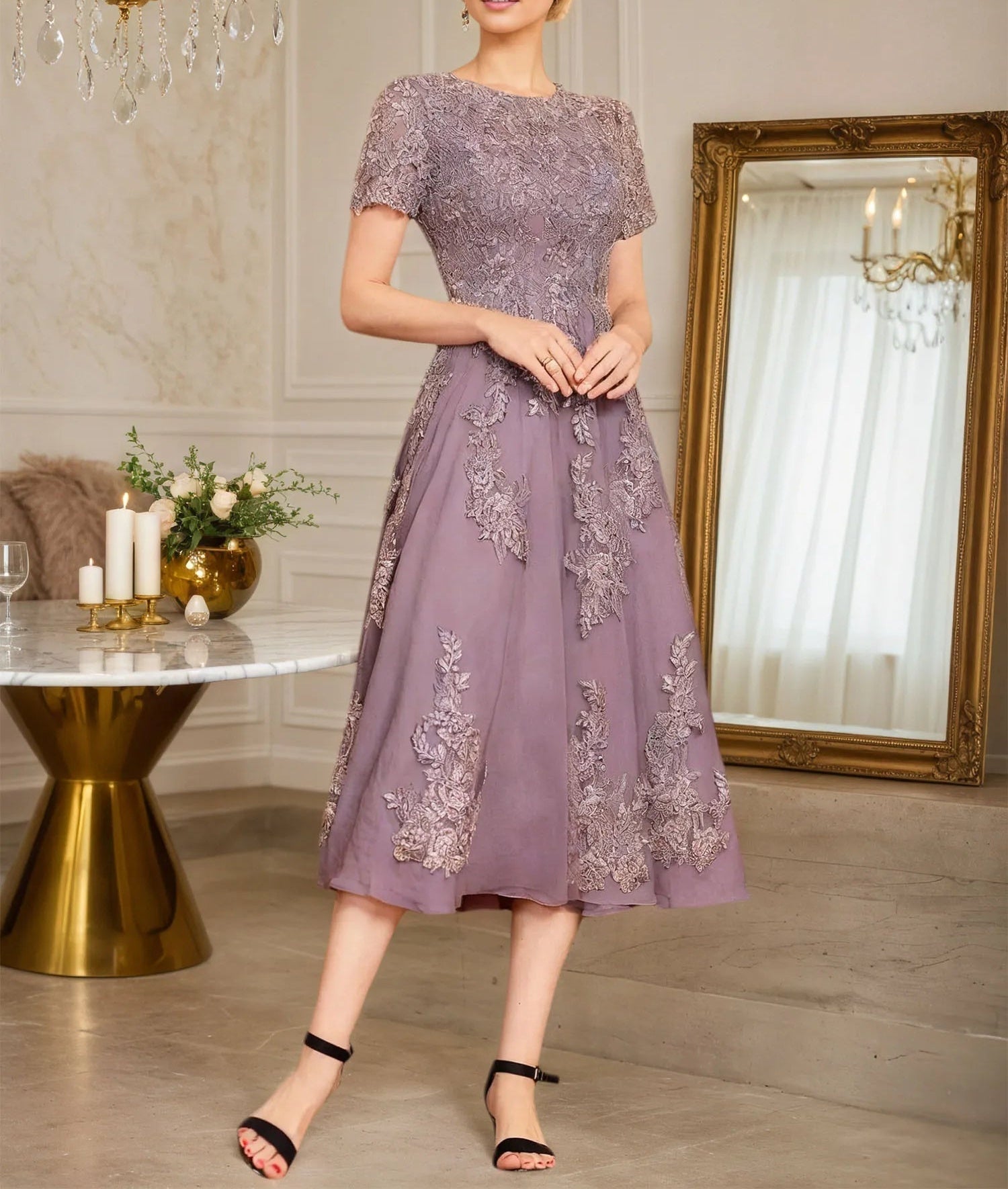 A Line Scoop Tea-Length Chiffon Mother of the Bride Dress With Appliques