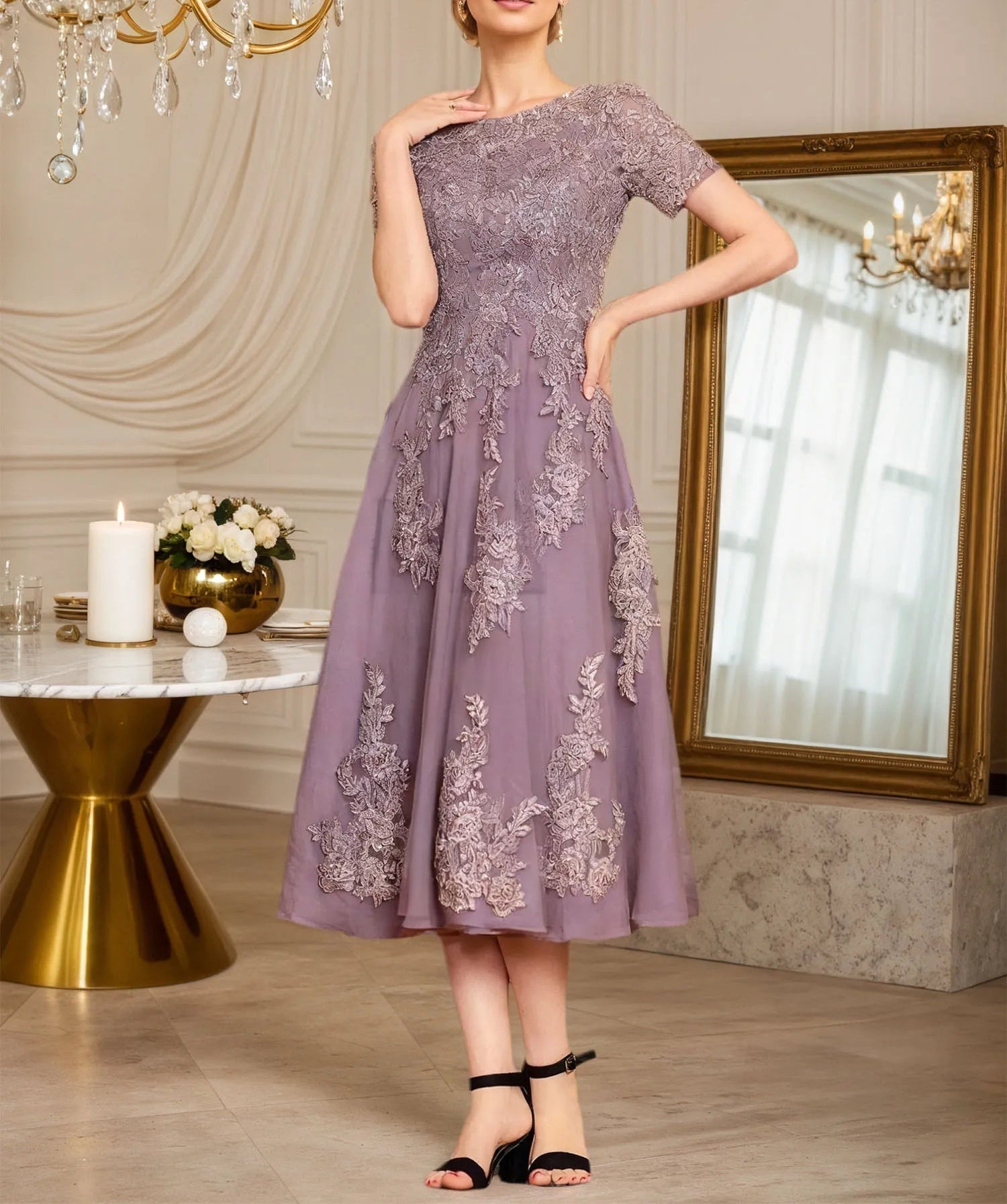 A Line Scoop Tea-Length Chiffon Mother of the Bride Dress With Appliques
