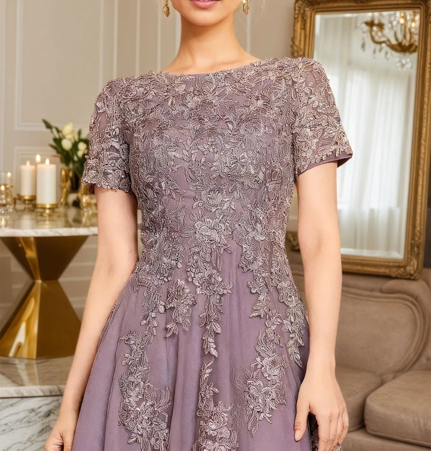 A Line Scoop Tea-Length Chiffon Mother of the Bride Dress With Appliques