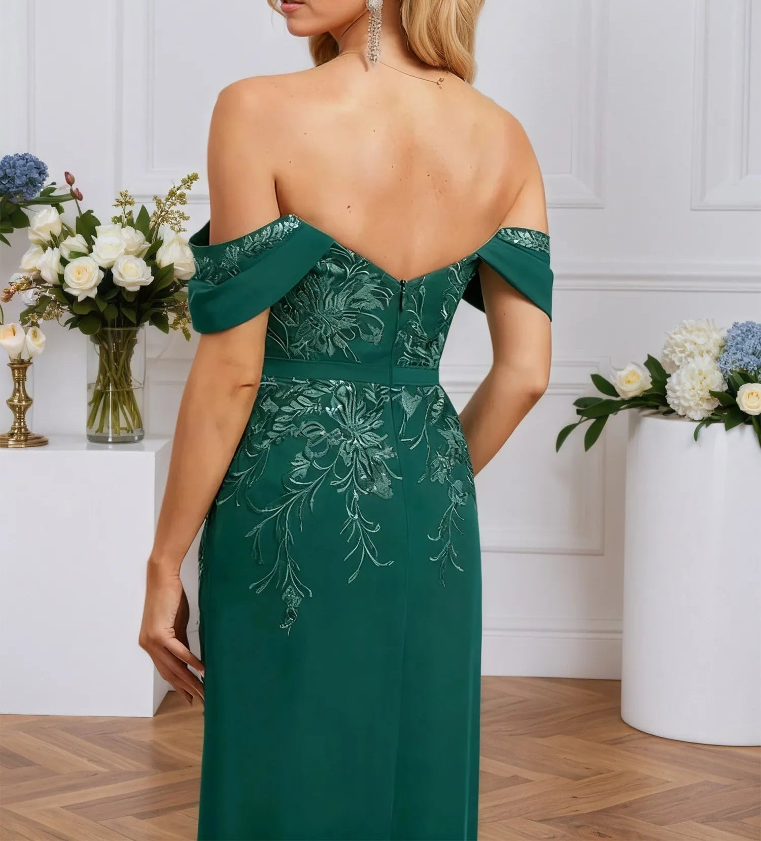 Sheath/Column Off the Shoulder Floor-Length Lace Chiffon Evening Dress With Sequins