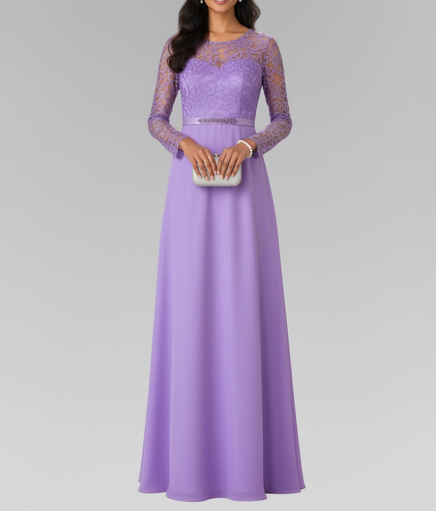 Elegant A-Line Long Lace Sleeves Gown with Beaded Waist
