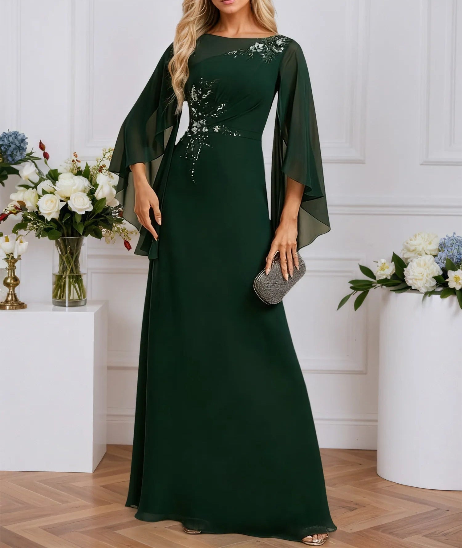 A-line Boat Neck Illusion Floor-Length Chiffon Evening Dress With Sequins Appliques Lace Pleated
