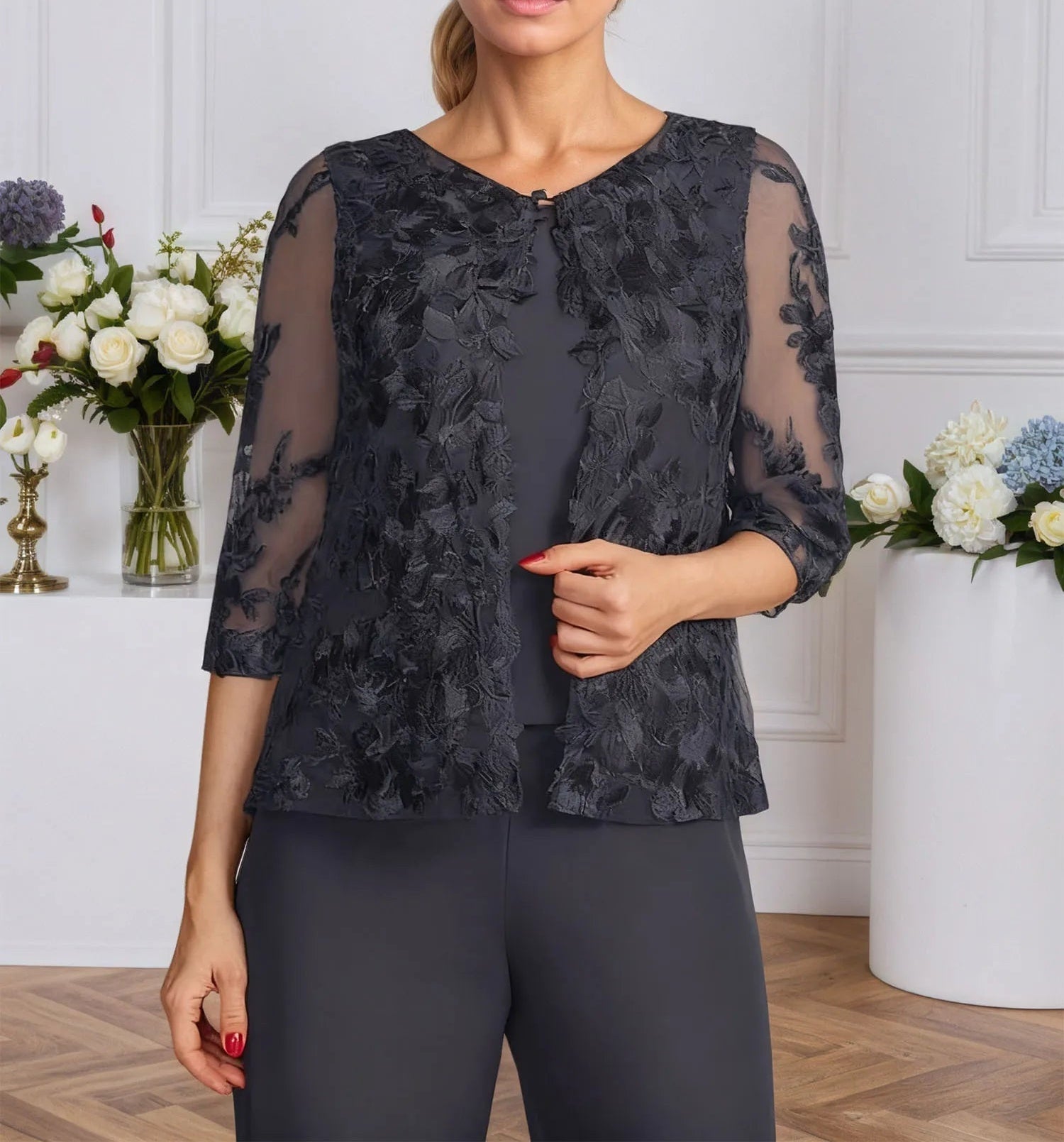 Pantsuits Separates V-Neck Floor-Length Lace Chiffon Mother of the Bride Dress