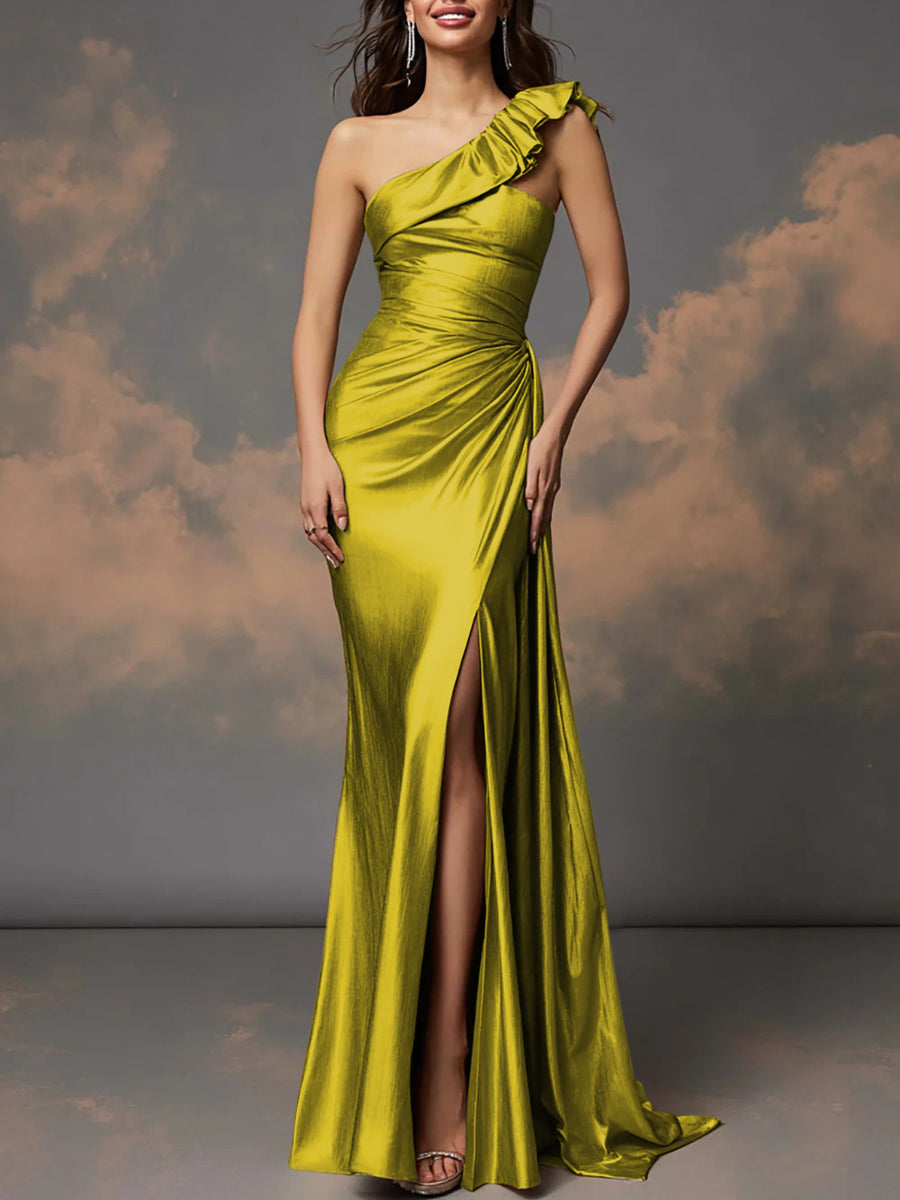 Ruffle One Shoulder Ruched Metallic Long Prom Dresses Sheath/Column Ball Gowns with Train