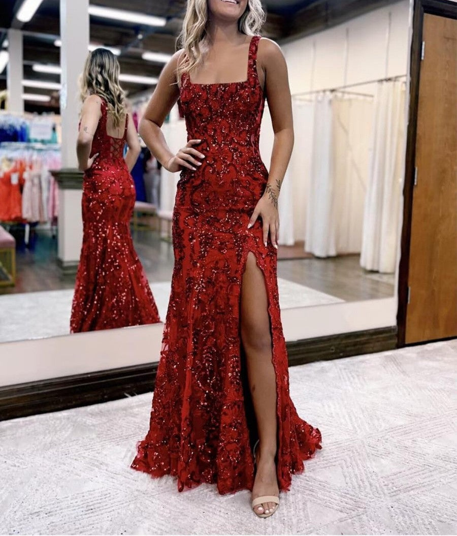 Mermaid Sparkly Sequin Spaghetti Strap Square Neck Floor-Length Prom Dresses with Slit