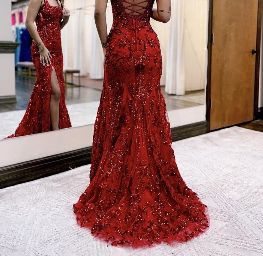 Mermaid Sparkly Sequin Spaghetti Strap Square Neck Floor-Length Prom Dresses with Slit