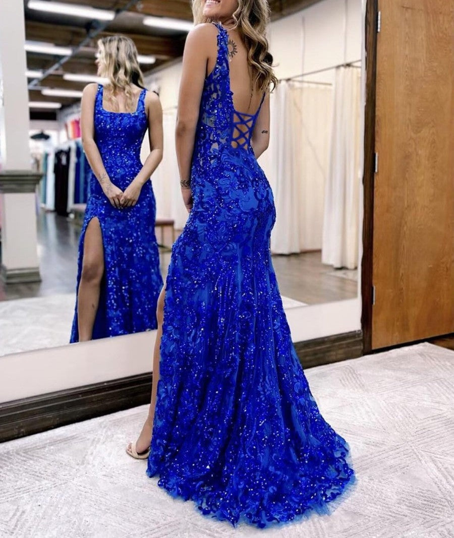 Mermaid Sparkly Sequin Spaghetti Strap Square Neck Floor-Length Prom Dresses with Slit