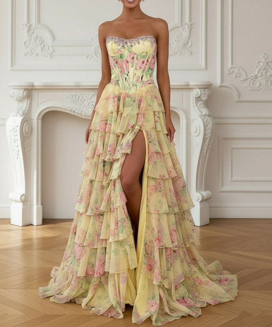 Mermaid Tiered Floor-Length Fancy Formal Prom Dresses with Flower