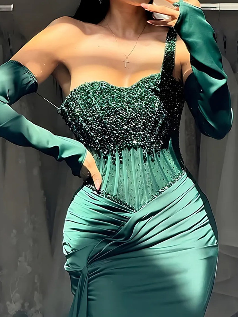 A-Line/Princess Sweetheart Glitter Long Prom Dresses Beading Ruched Satin Evening Dress