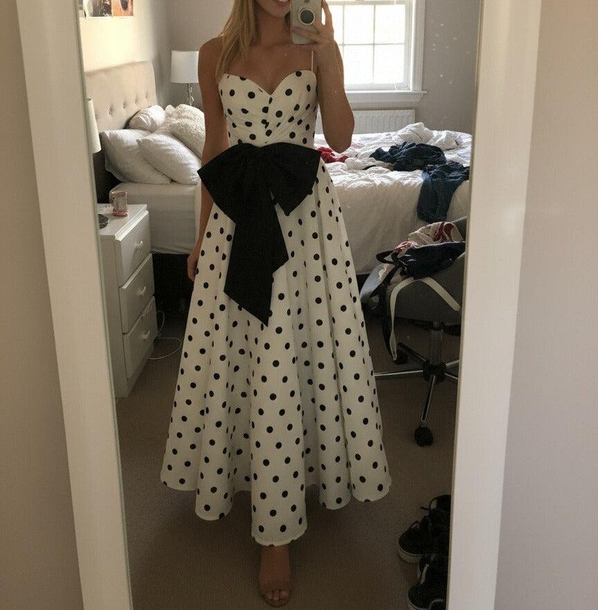 Mermaid Plunging Neck Polka Dot Floor Length Prom Dresses with Bow