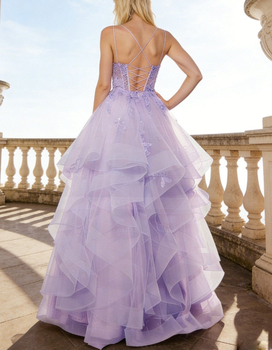 Ball Gown Dreamy Princess Ruffled Tiered Tulle Prom Dresses with Lace Appliques