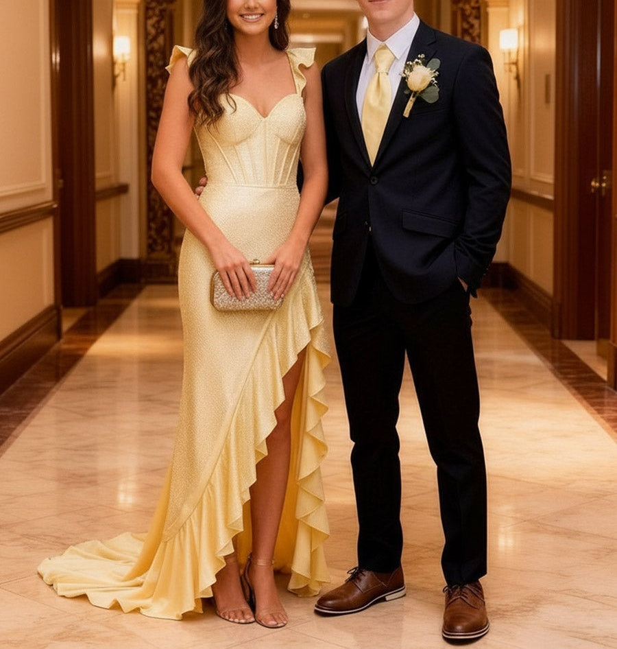 A-Line/Princess Ruffle Sleeve Floor-Length Formal Prom Dresses with Beads