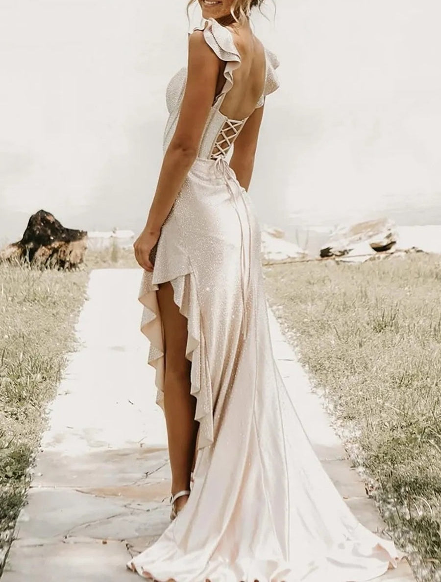 A-Line/Princess Ruffle Sleeve Floor-Length Formal Prom Dresses with Beads
