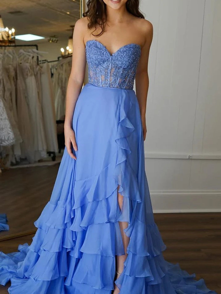 A-Line/Princess Sweetheart Tiered Floor-Length Prom Dresses with Lace Appliques
