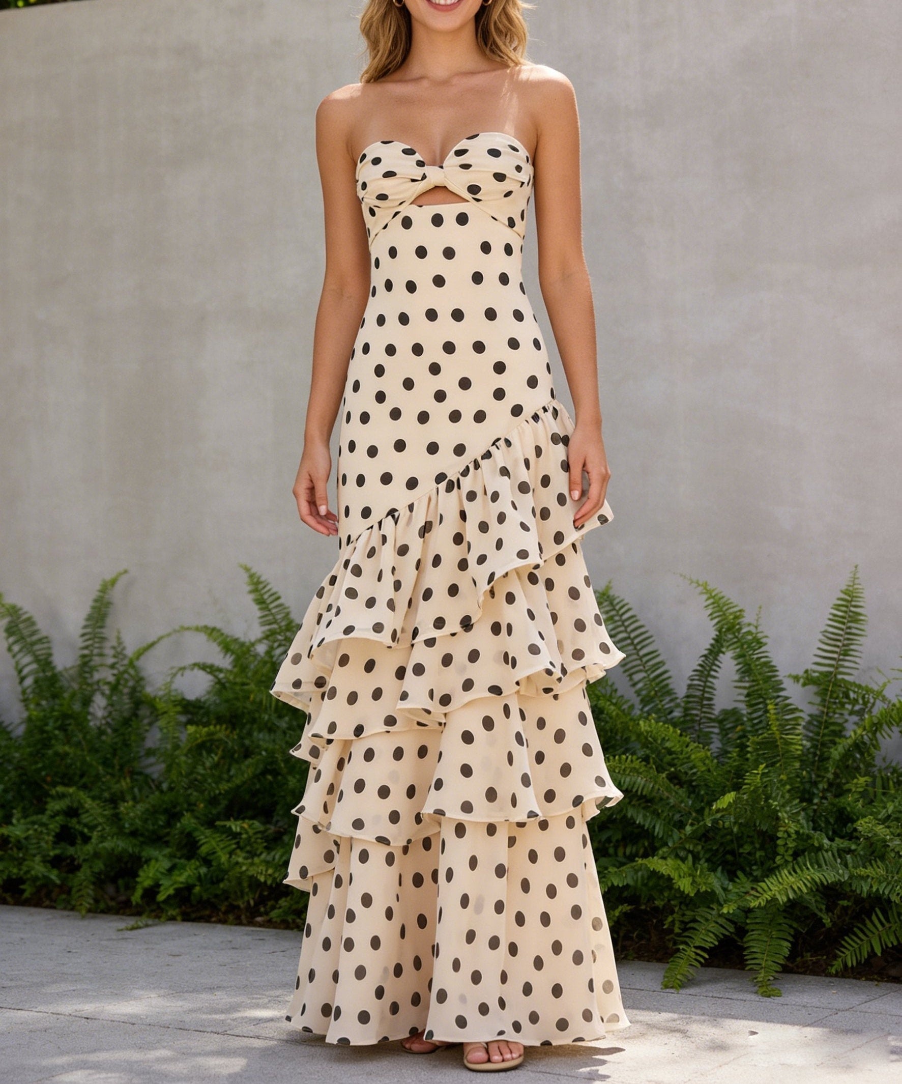 A-Line Strapless Sweetheart Bow Cutout Polka Dot Prom Dress with Tiered Ruffles