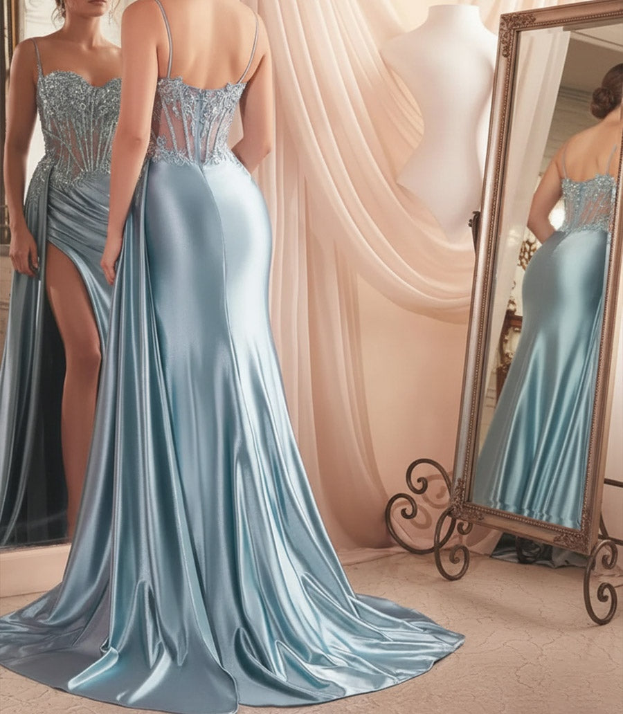 Glitter Spaghetti Strap Floor-Length Prom Dresses with Lace Appliques