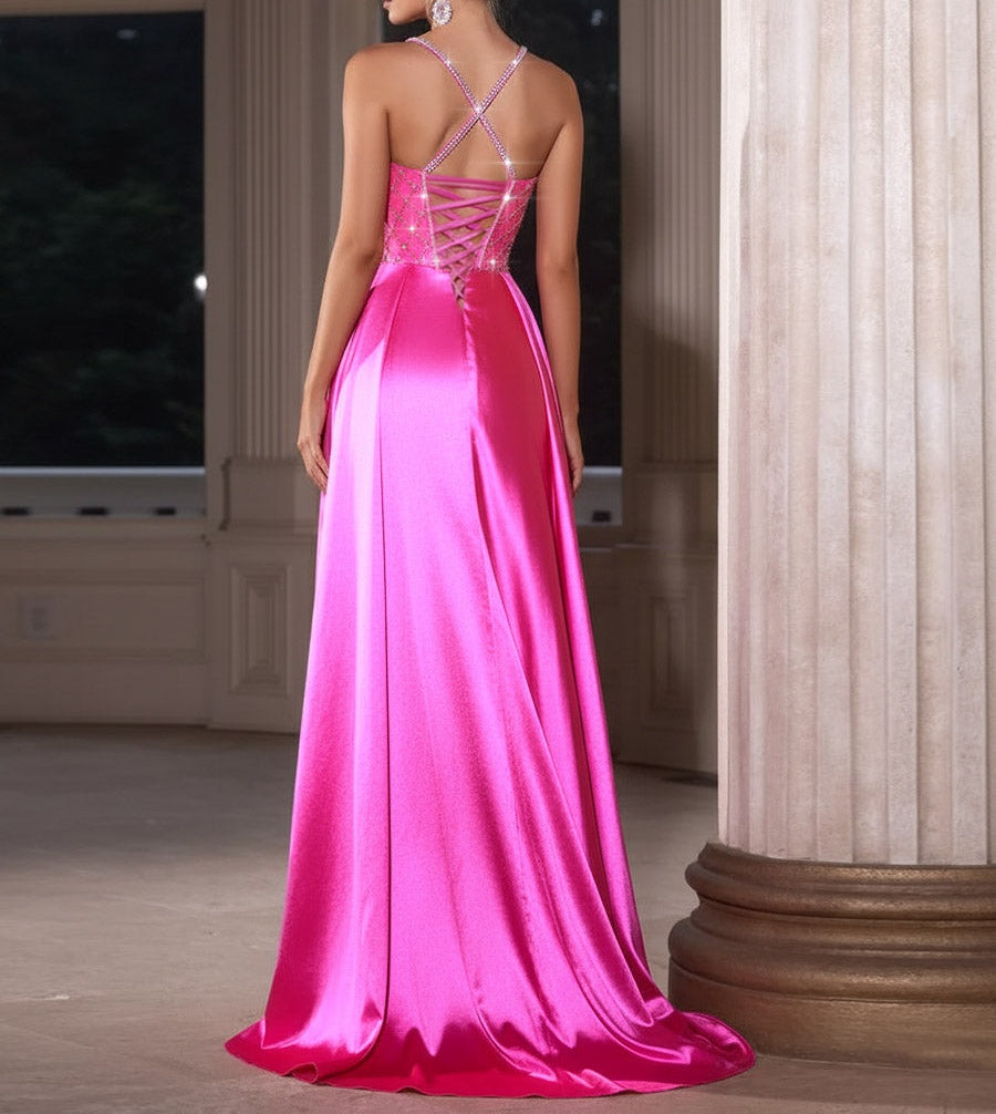 A Line/Princess Pleated Sparkly Sleeveless Maxi Formal Prom Gowns with Train