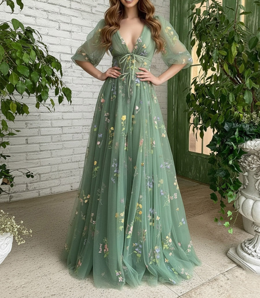 A Line/Princess Deep V-Neck Fair Prom Dresses with Flowers Fancy Dress