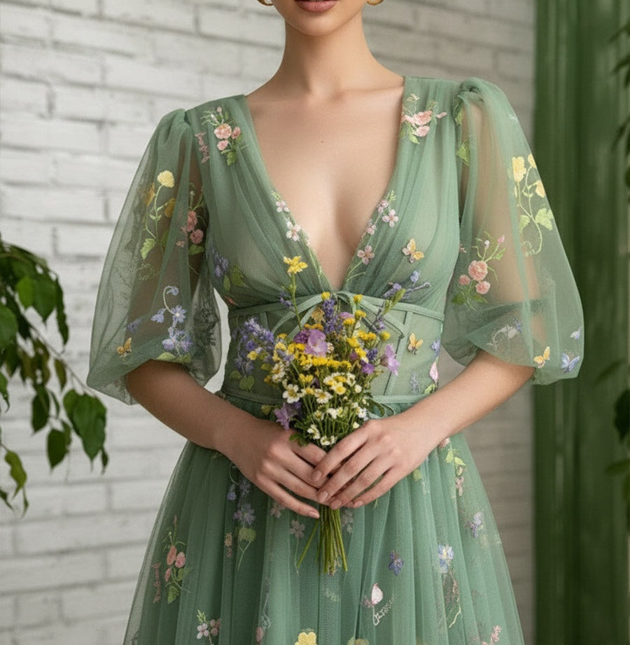 A Line/Princess Deep V-Neck Fair Prom Dresses with Flowers Fancy Dress