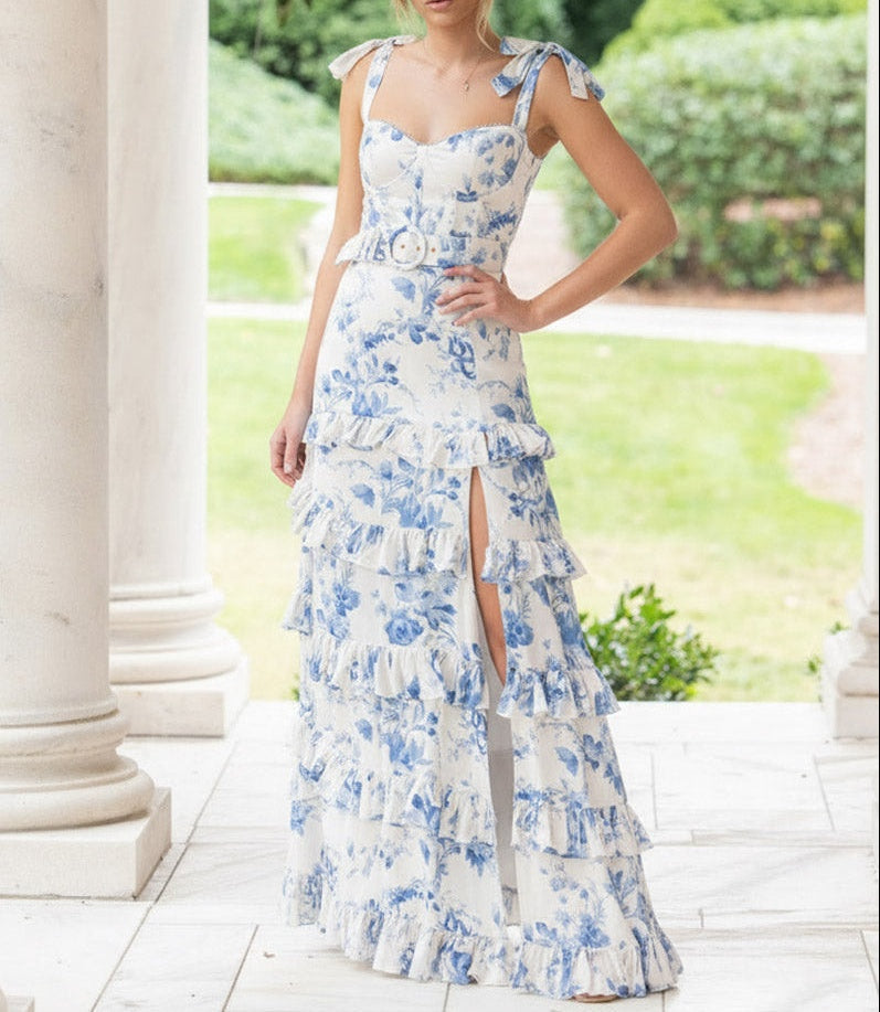 Ruffle A Line/Princess Floral Bow Straps Tiered Prom Dresses with Belt
