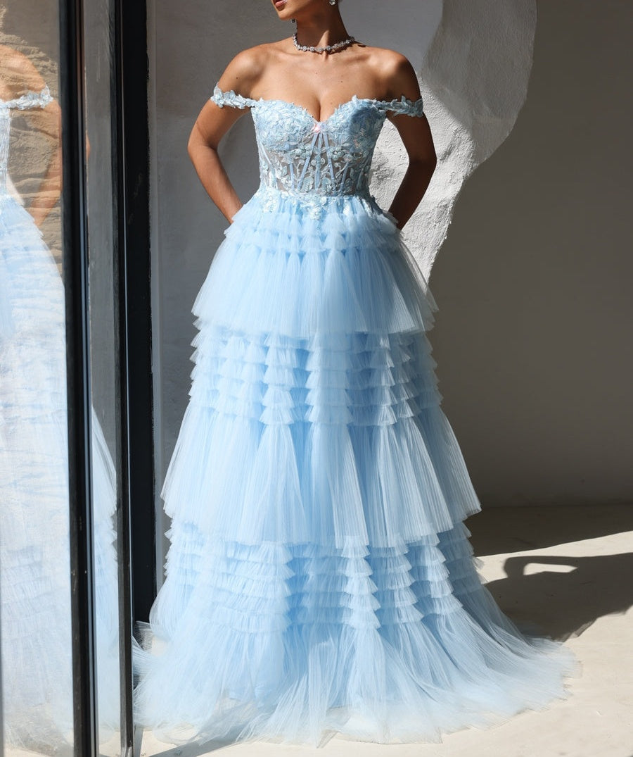 A-Line/Princess Off Shoulder Tiered Floor-Length Prom Dresses with Lace Applique