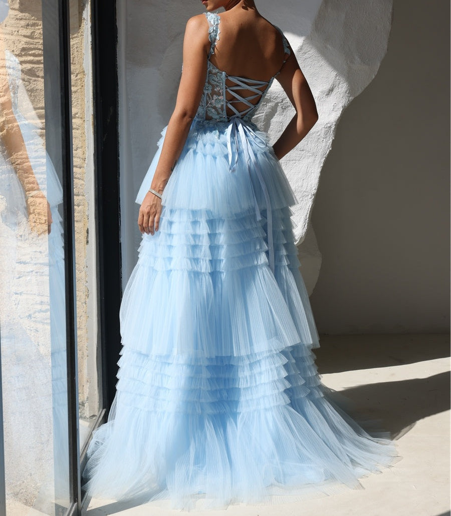 A-Line/Princess Off Shoulder Tiered Floor-Length Prom Dresses with Lace Applique