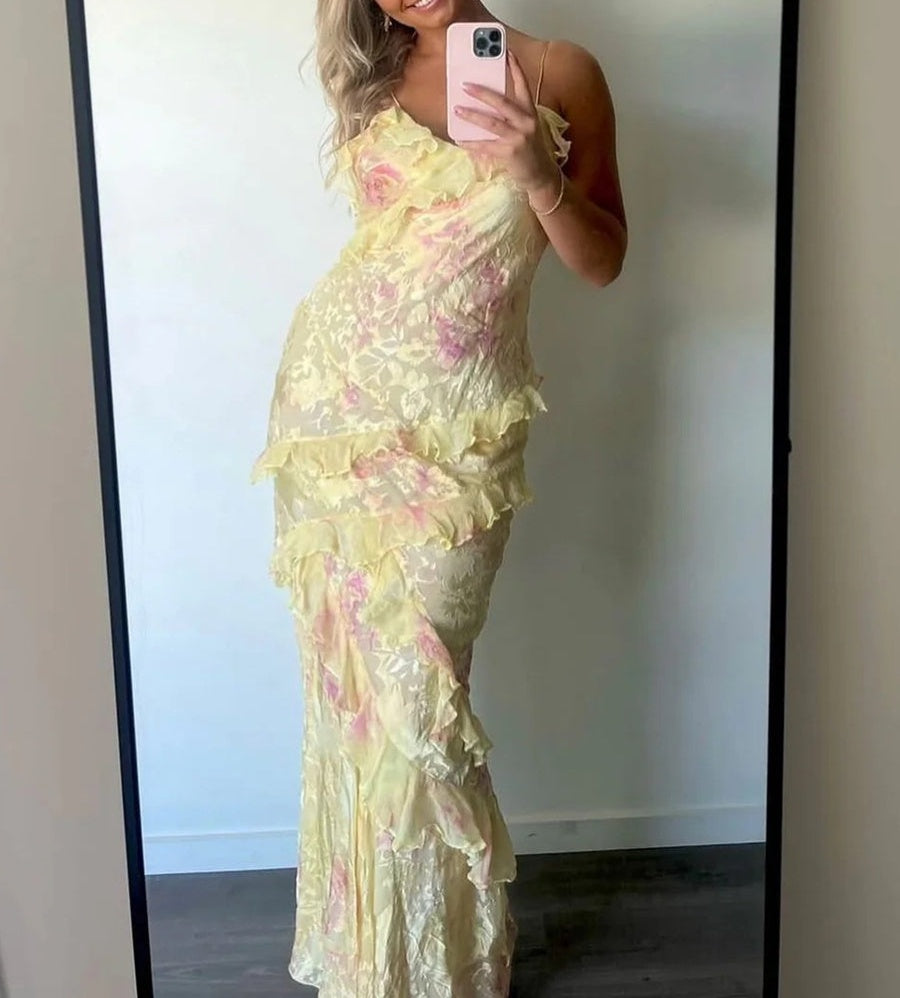 Mermaid/Trumpet Ruffle V-Neck Floor-Length Prom Dresses with Floral Satin