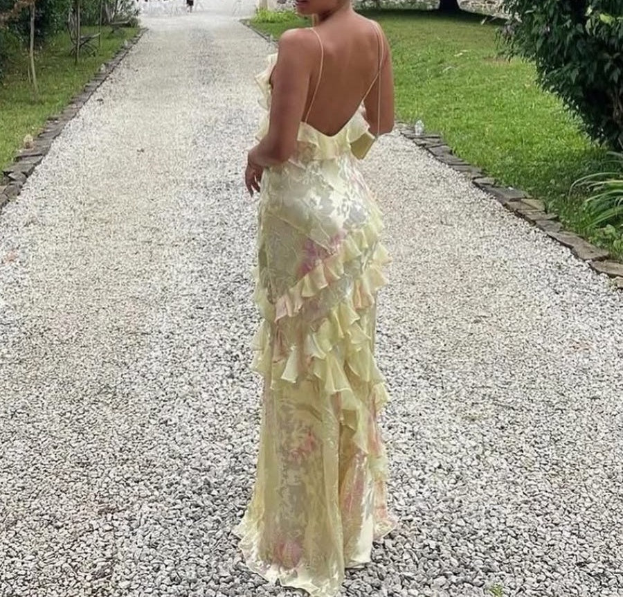 Mermaid/Trumpet Ruffle V-Neck Floor-Length Prom Dresses with Floral Satin