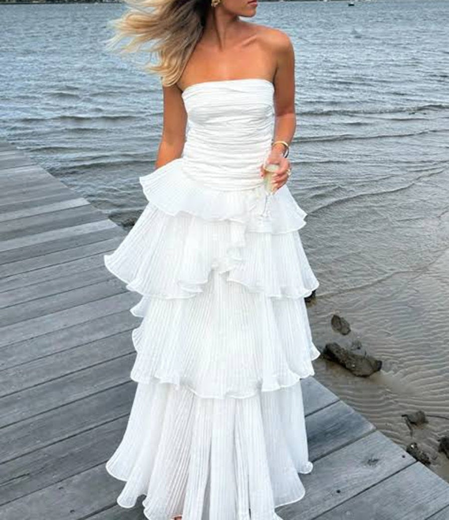 A-Line/Princess Tiered Ruffle Strapless Floor-Length Prom Dresses Ruched Cocktail Dresses