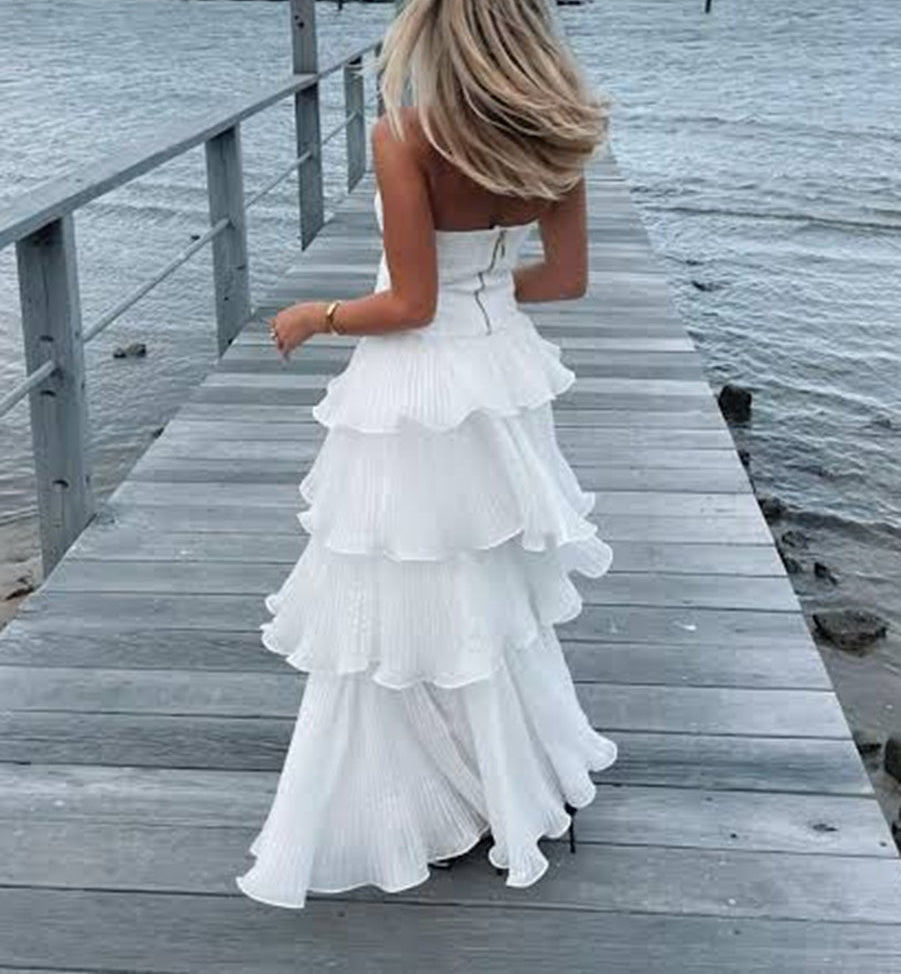 A-Line/Princess Tiered Ruffle Strapless Floor-Length Prom Dresses Ruched Cocktail Dresses