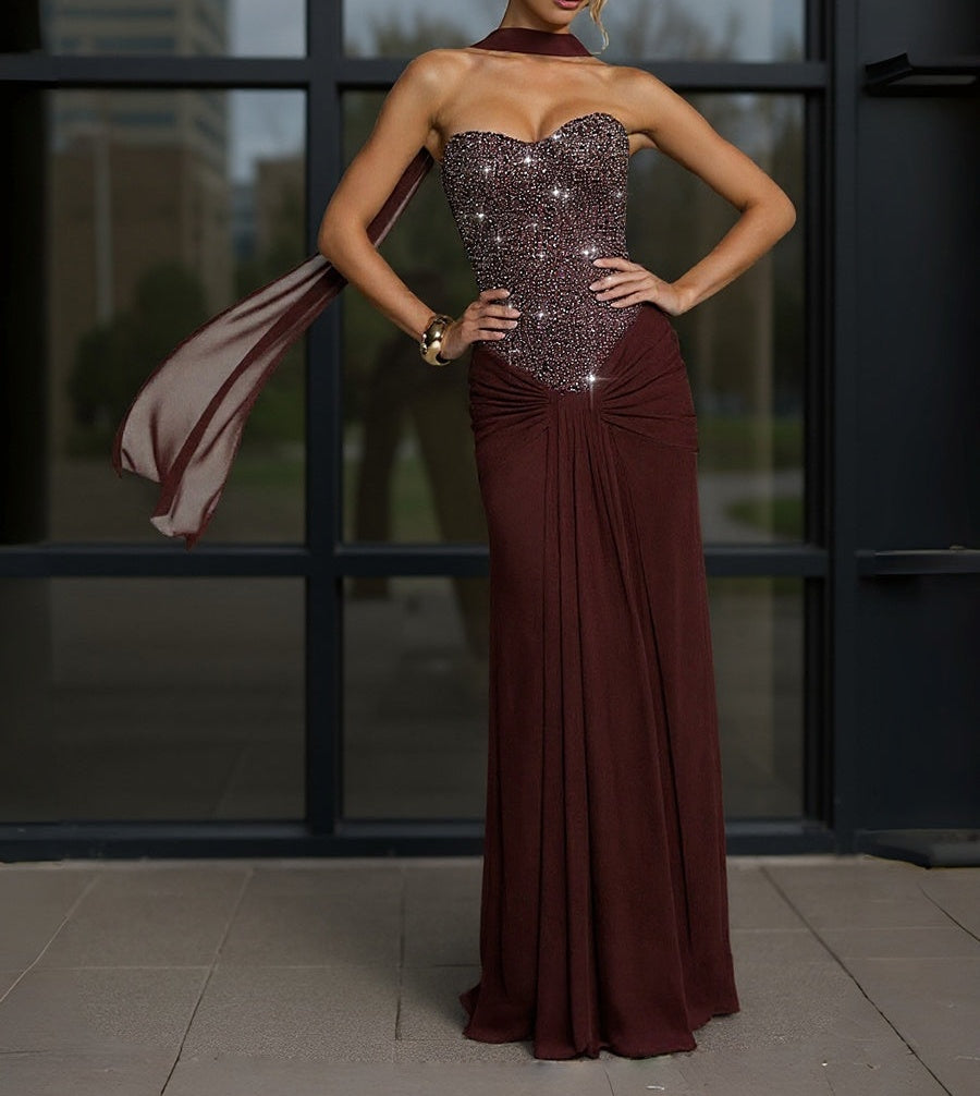 Mermaid/Trumpet Strapless Scarf Sparkly Floor-Length Formal Evening Dresses with Ruched Satin