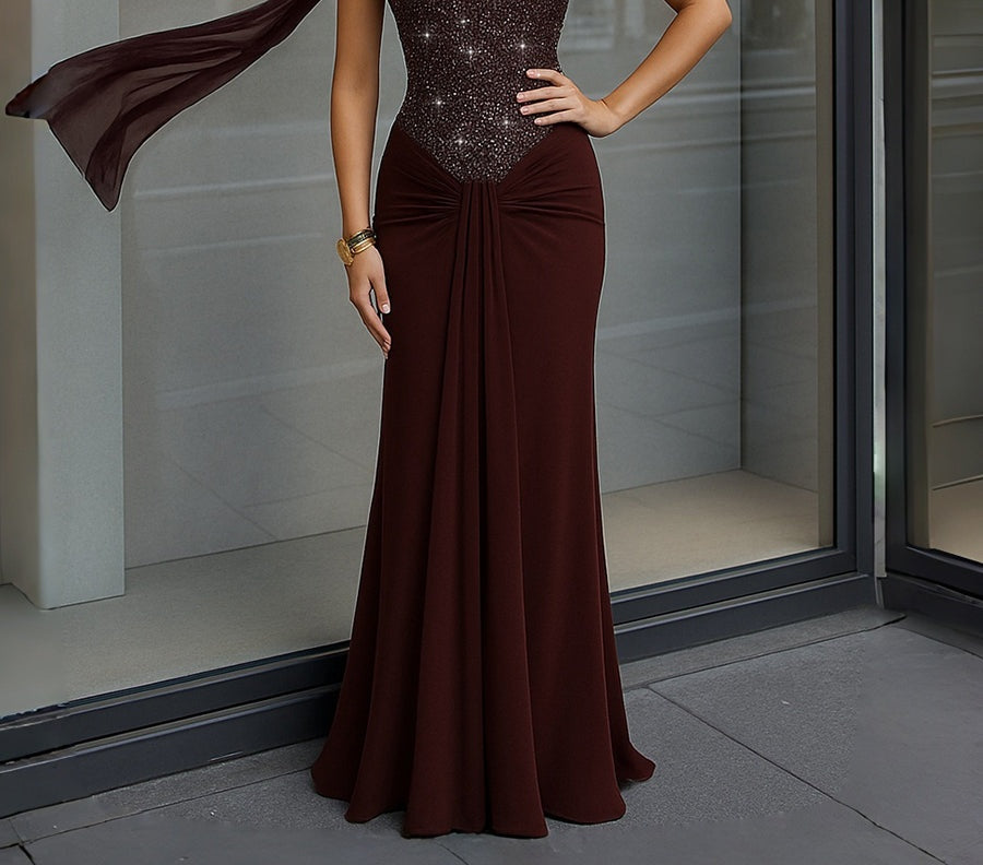 Mermaid/Trumpet Strapless Scarf Sparkly Floor-Length Formal Evening Dresses with Ruched Satin