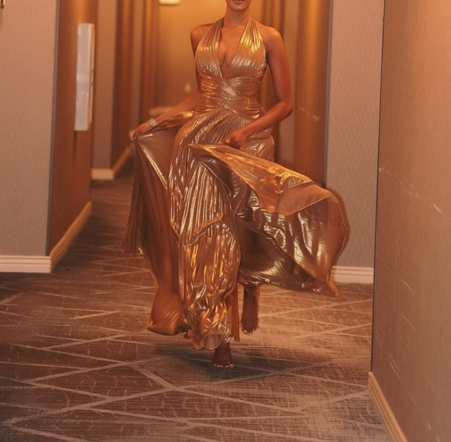 A-Line/Princess Halter Ruched Floor-Length Sparkly Prom Dresses