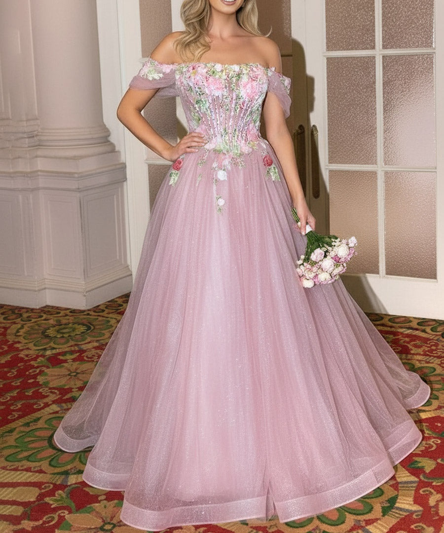 A Line/Princess Cold Shoulder Fair Prom Dresses with Flowers Fancy Dress