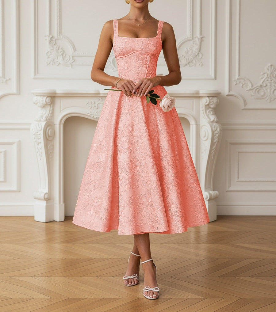 Vintage Spaghetti Strap Midi Prom Dresses with Floral Jacquard