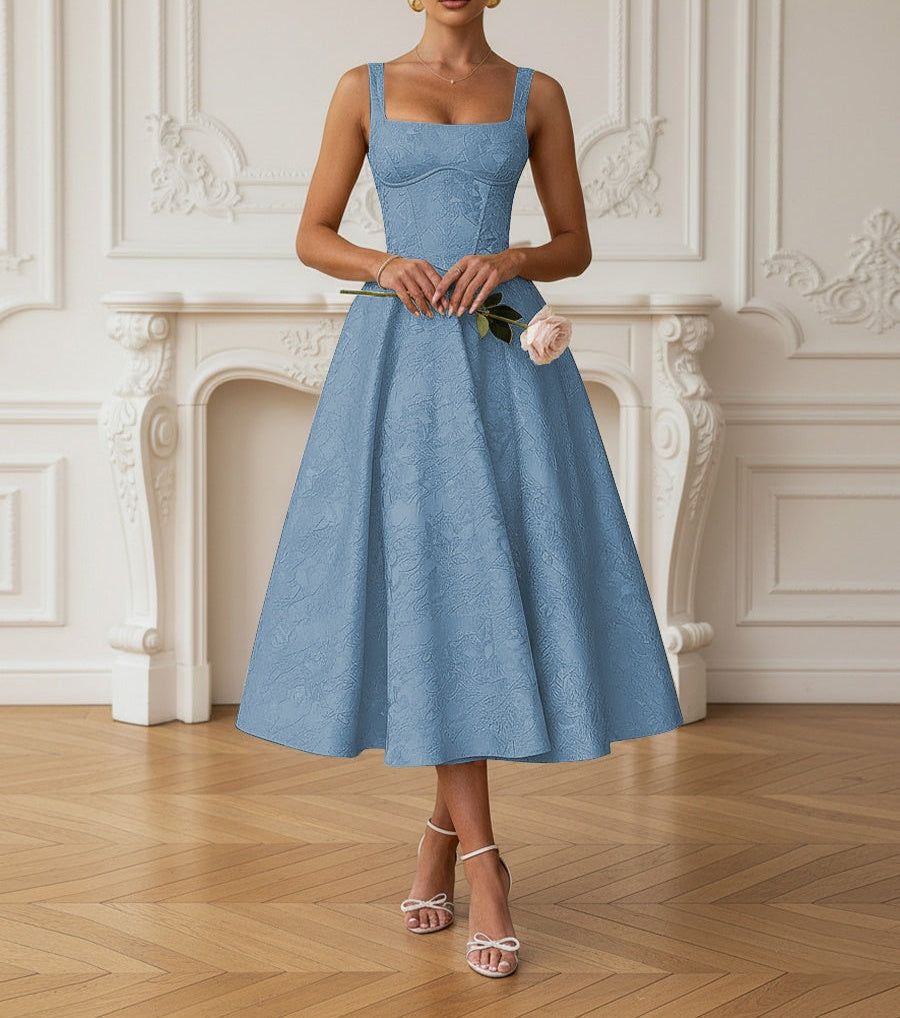 Vintage Spaghetti Strap Midi Prom Dresses with Floral Jacquard