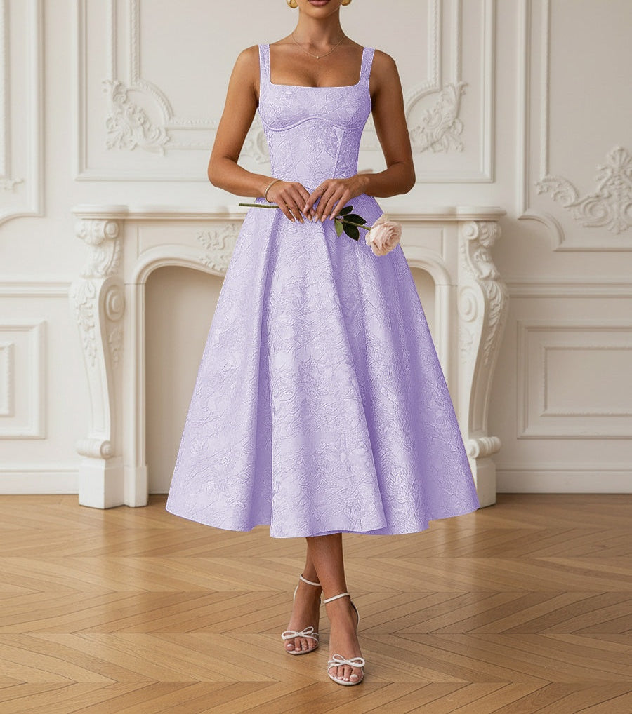 Vintage Spaghetti Strap Midi Prom Dresses with Floral Jacquard