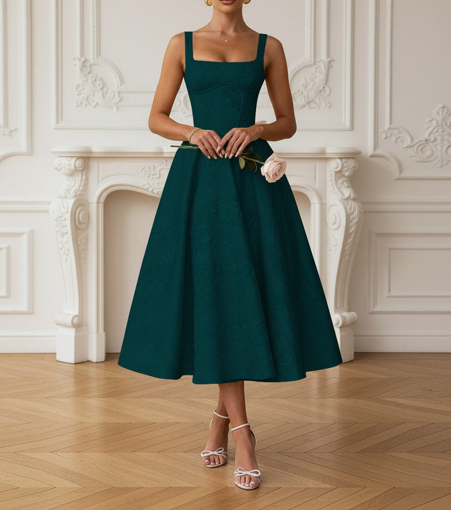 Vintage Spaghetti Strap Midi Prom Dresses with Floral Jacquard