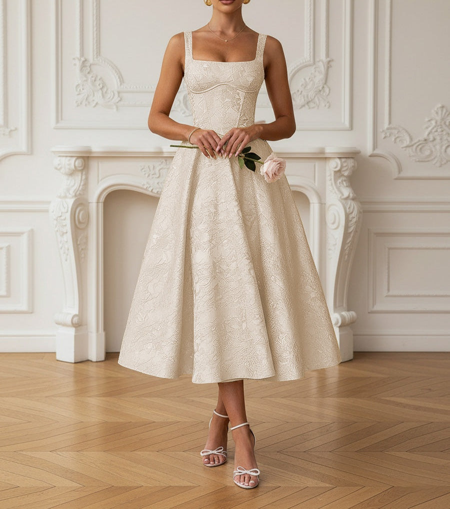 Vintage Spaghetti Strap Midi Prom Dresses with Floral Jacquard