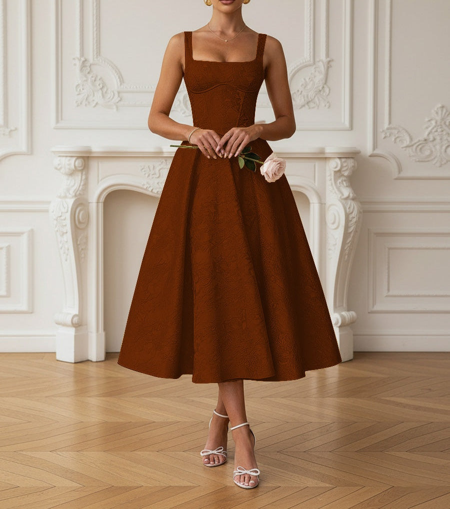 Vintage Spaghetti Strap Midi Prom Dresses with Floral Jacquard