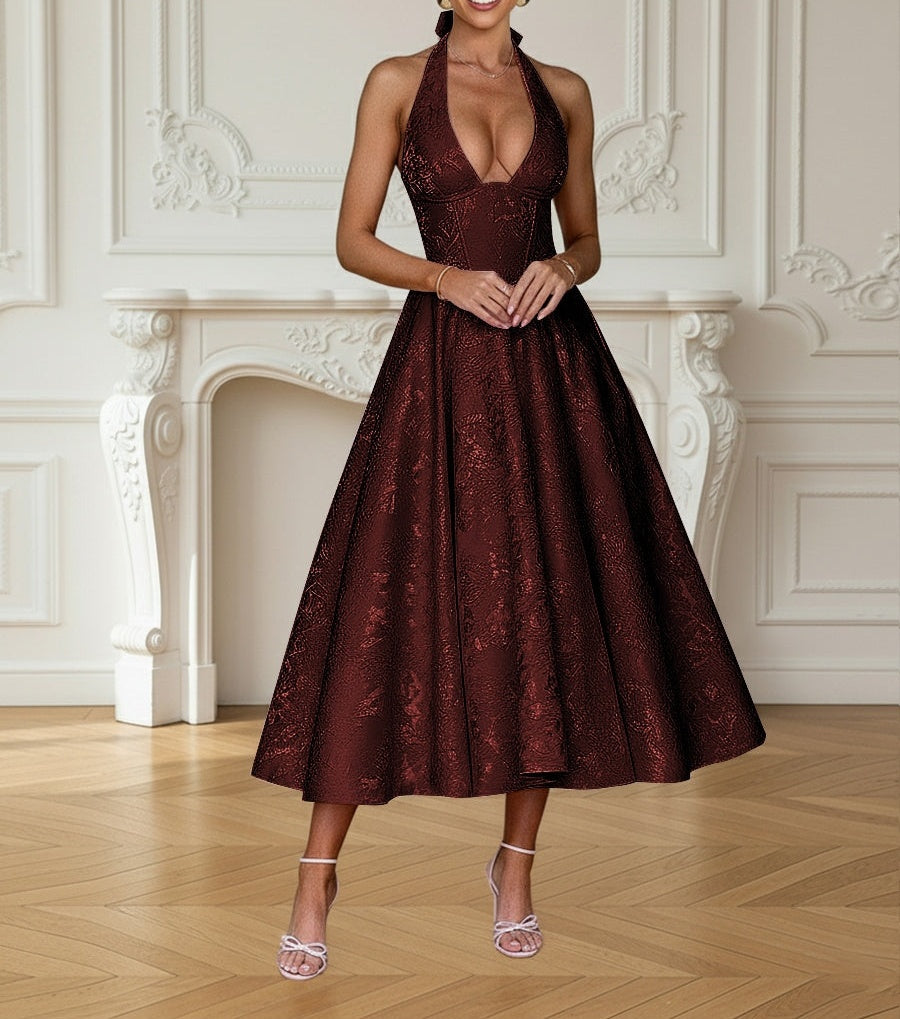 Vintage Jacquard Halter Midi Prom Dresses for Women with A Line Hem