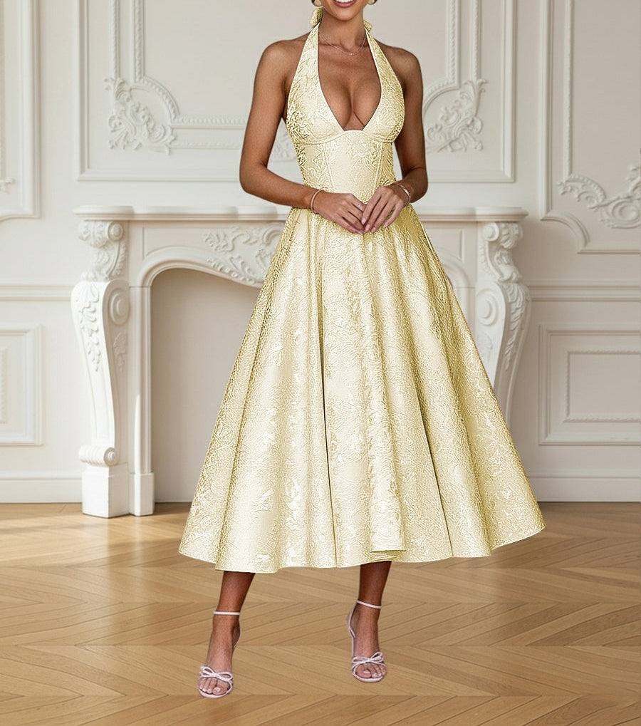 Vintage Jacquard Halter Midi Prom Dresses for Women with A Line Hem