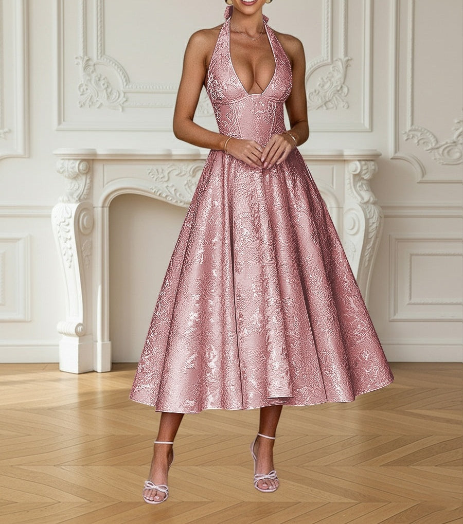 Vintage Jacquard Halter Midi Prom Dresses for Women with A Line Hem