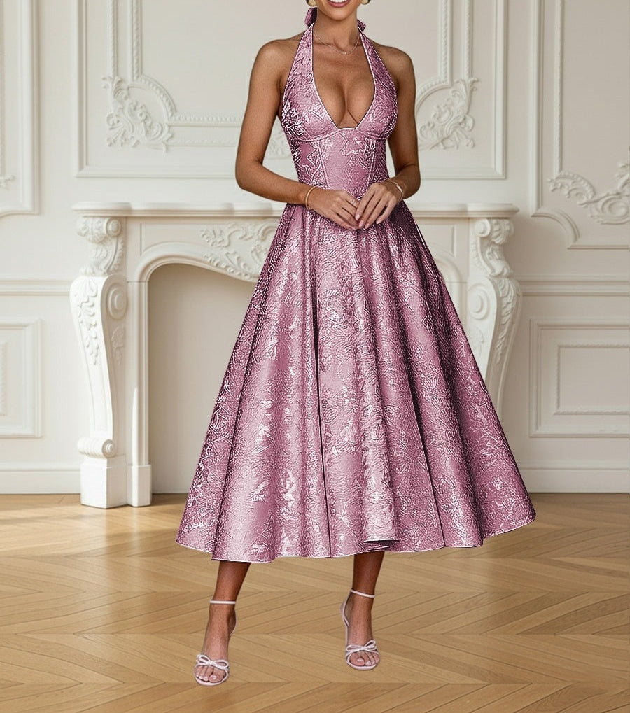 Vintage Jacquard Halter Midi Prom Dresses for Women with A Line Hem