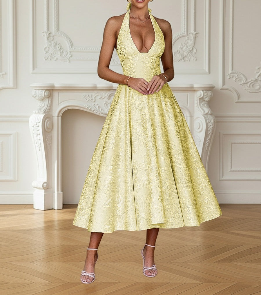 Vintage Jacquard Halter Midi Prom Dresses for Women with A Line Hem
