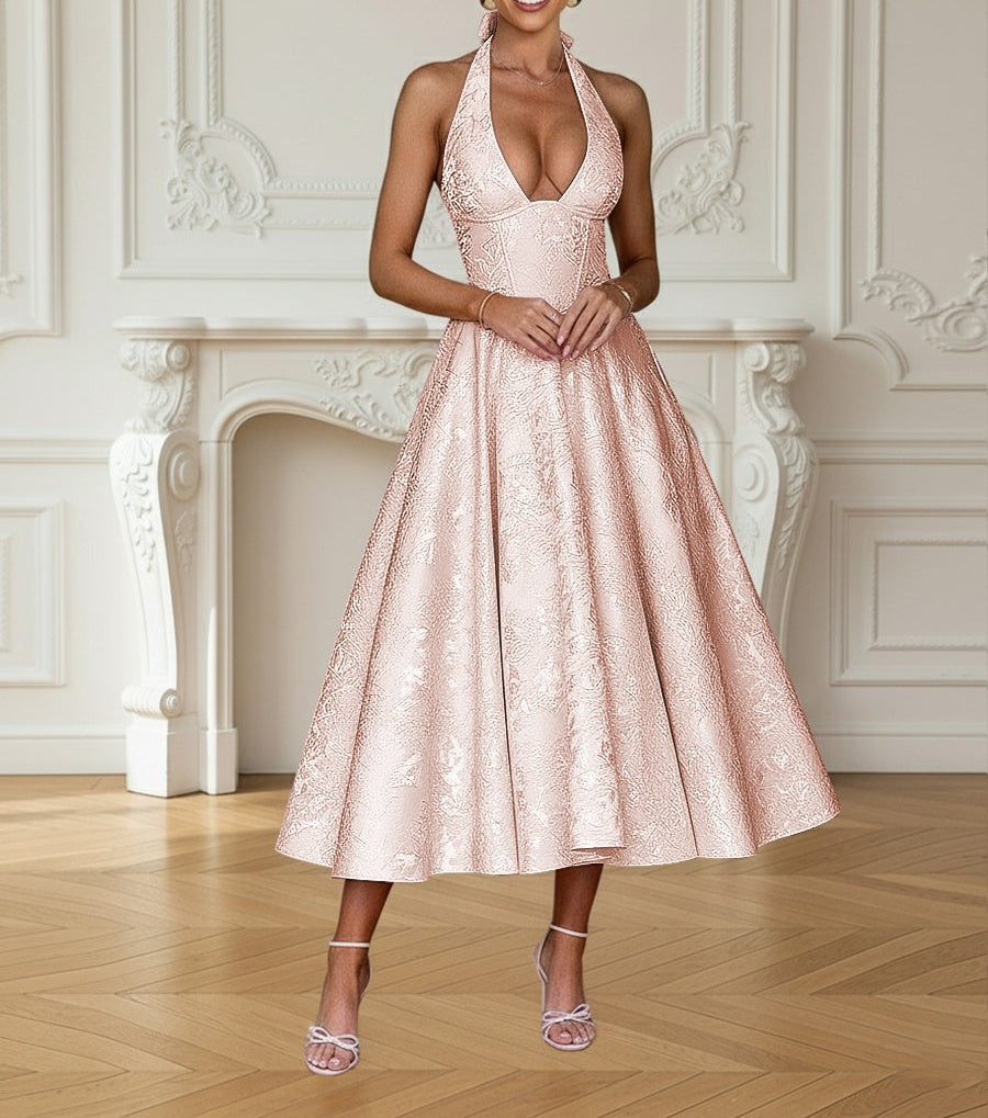 Vintage Jacquard Halter Midi Prom Dresses for Women with A Line Hem