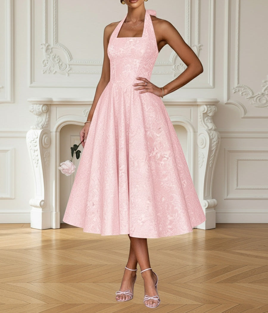 Vintage A Line Halter Midi Prom Dresses with Floral Jacquard