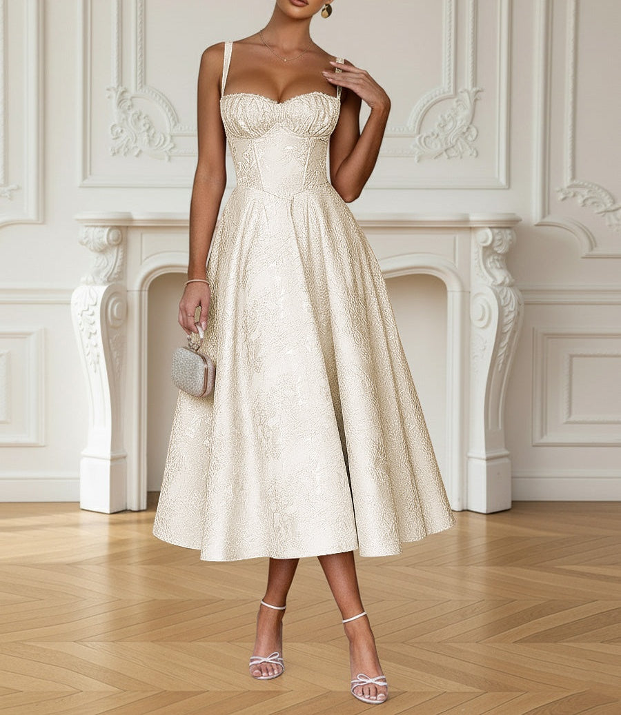 Y2K Spaghetti Strap Midi Prom Dresses with Floral Jacquard