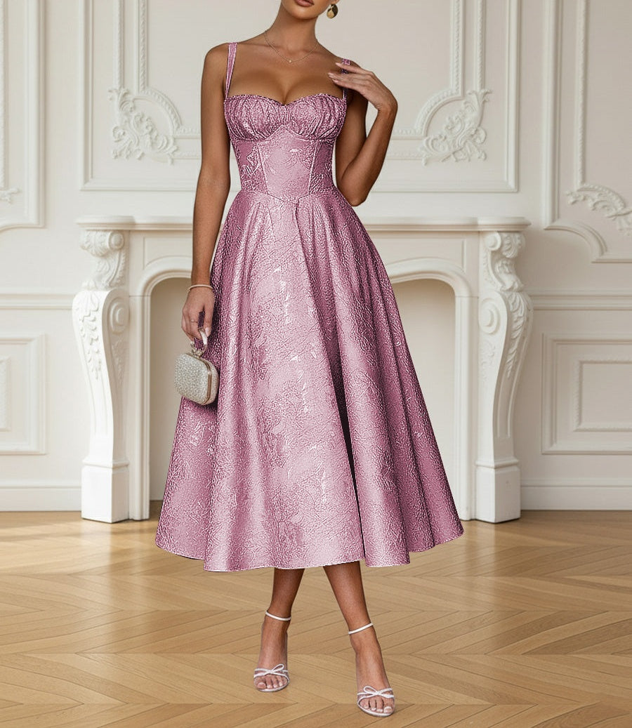 Y2K Spaghetti Strap Midi Prom Dresses with Floral Jacquard