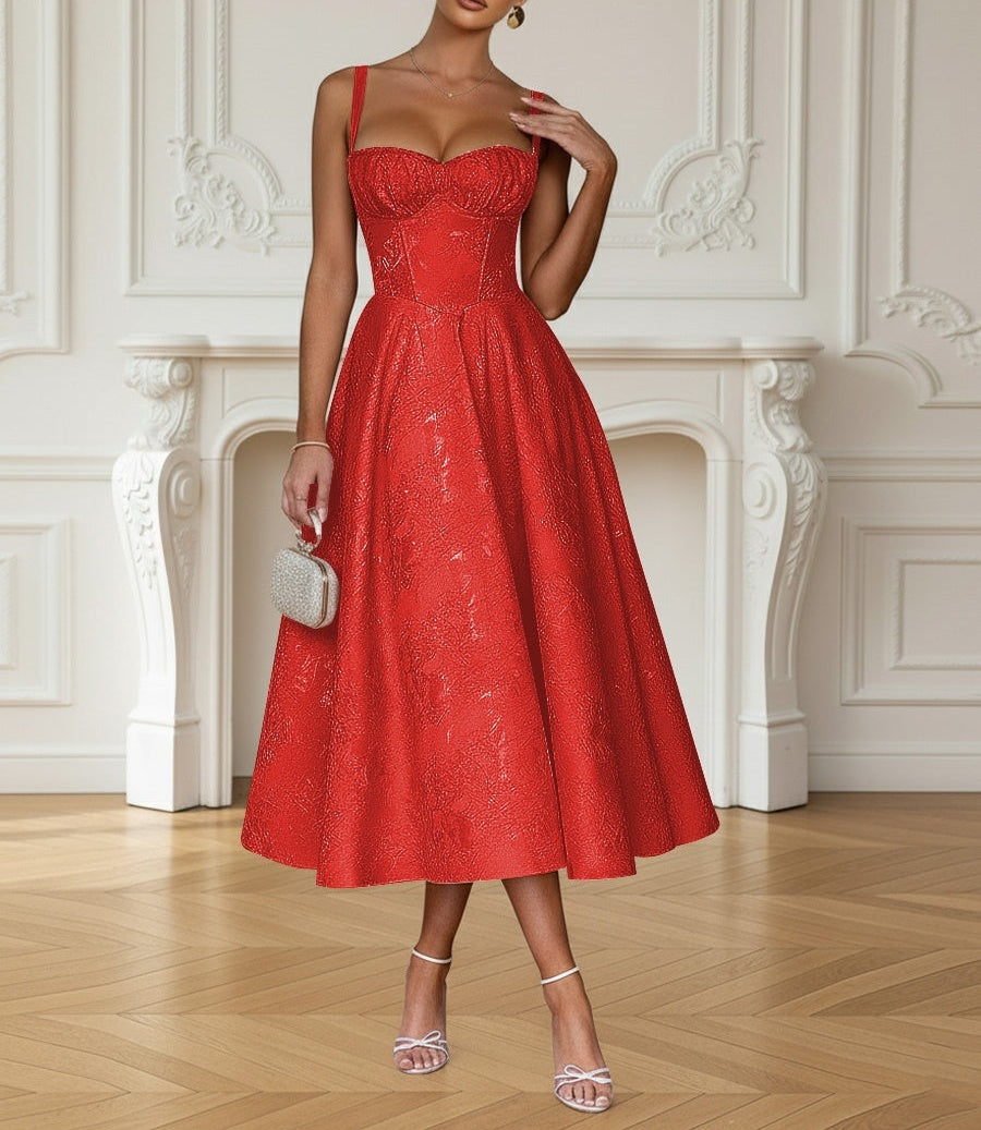 Y2K Spaghetti Strap Midi Prom Dresses with Floral Jacquard